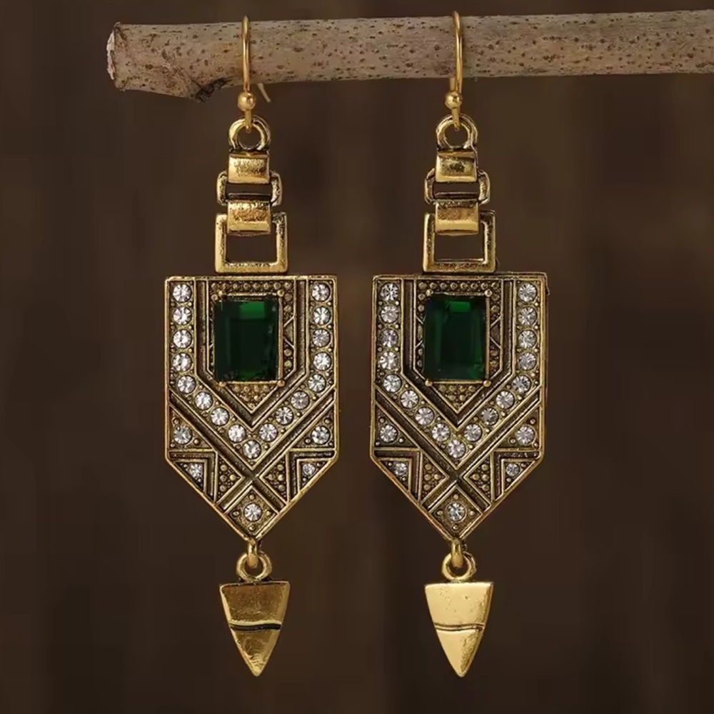 Art Deco Geometric Drop Earrings – Gold Vintage Statement Jewelry - Picture 3 of 7